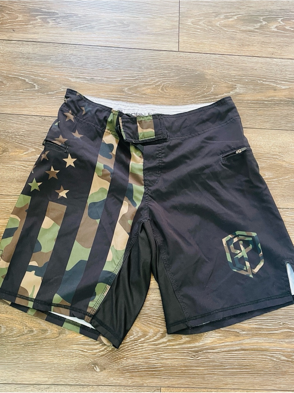Born Primitive Black Athletic Shorts with Camo Flag Accent